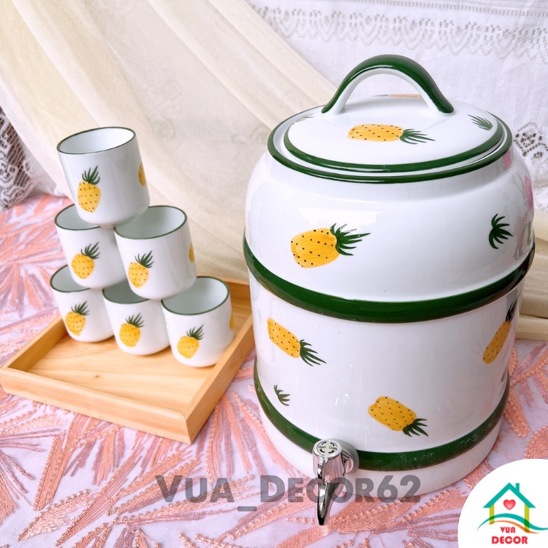 Bộ Bình đựng nước Gốm Sứ Bát Tràng có vòi, bình gốm 9 lit Hình Quả Dứa Decor Cực Xinh