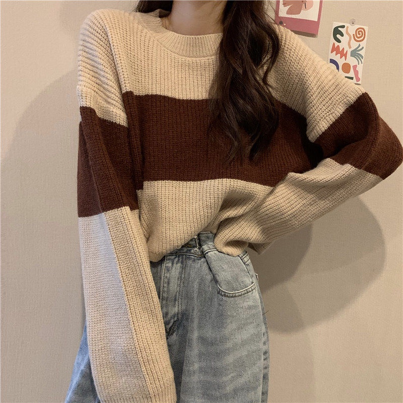 Áo Sweater Tay Dài Dáng Rộng Họa Tiết Kẻ Sọc Thời Trang Hong Kong Cổ Điển Hàng Mới 2022 Dành Cho Bạn Nữ