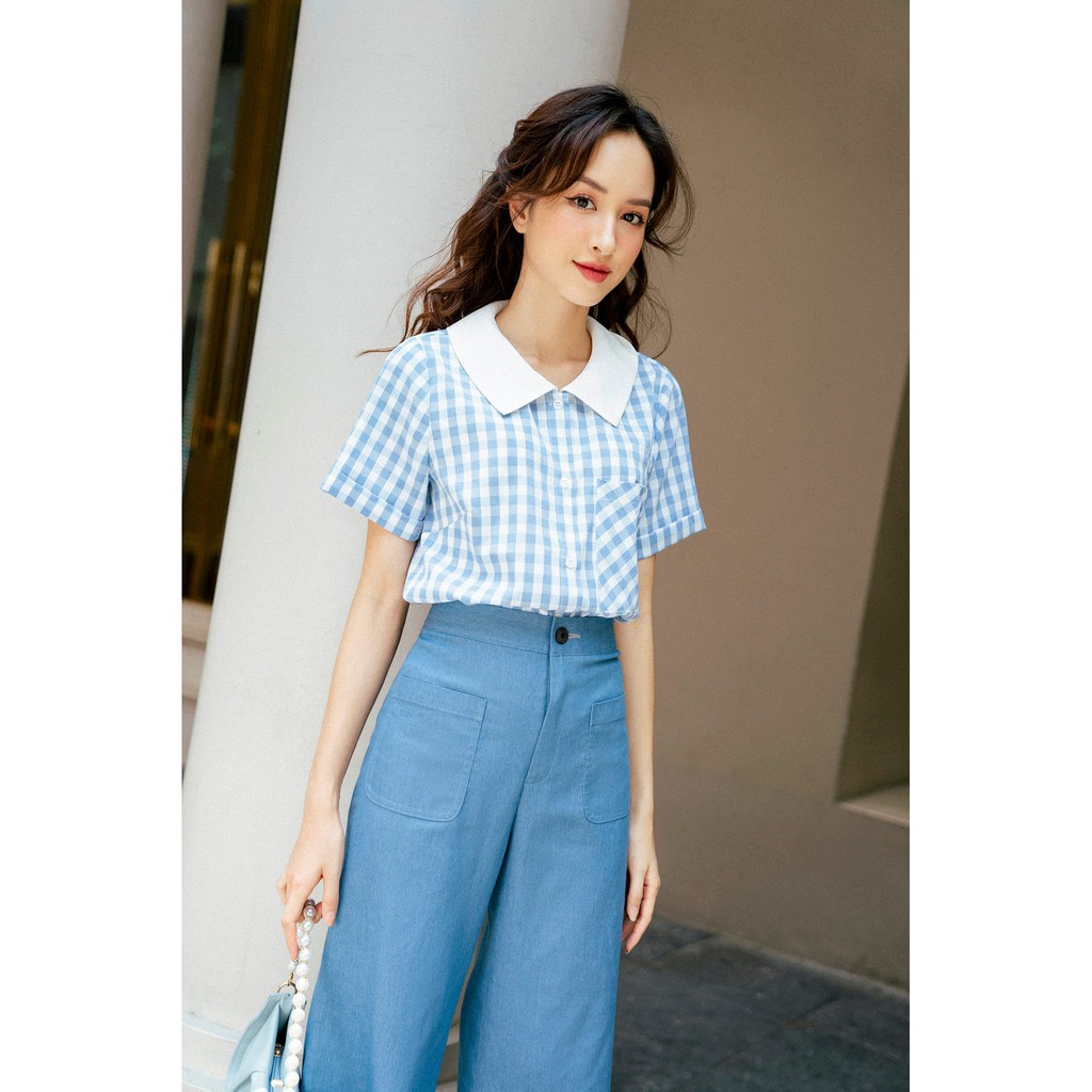 Áo sơ mi phối cổ sen nhọn túi ngực tay gập gấu TIIN STORE AHN305