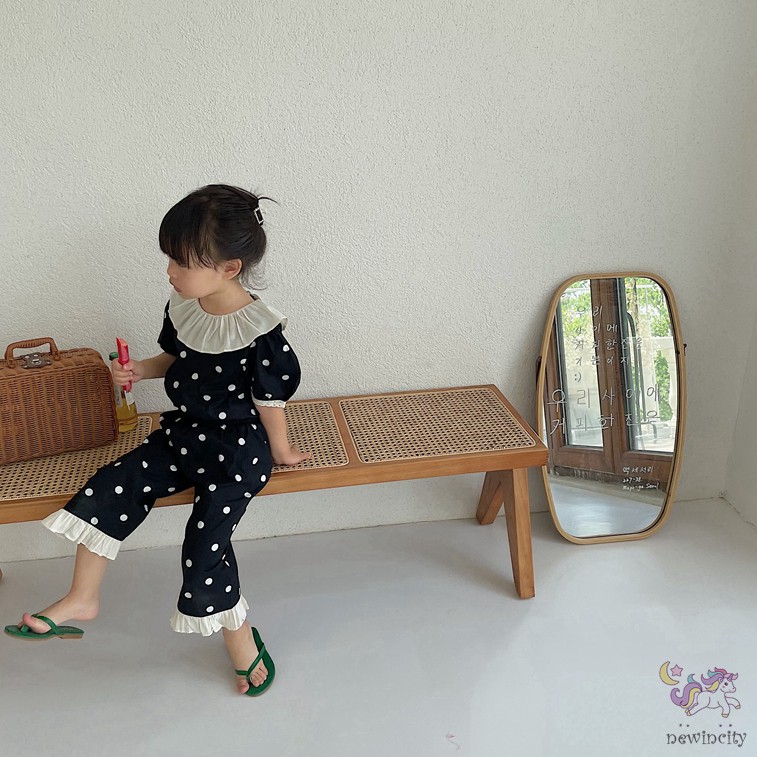 Bộ Áo Thun Tay Ngắn Phối Ren Họa Tiết Chấm Bi + Quần Dài Kiểu Hàn Quốc Thời Trang Mùa Hè Cho Bé Gái