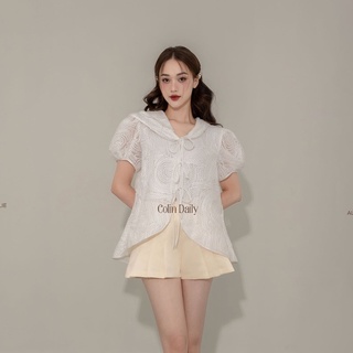 Áo sơ mi cột dây nữ ren hoa văn tay ngắn cổ bèo sen