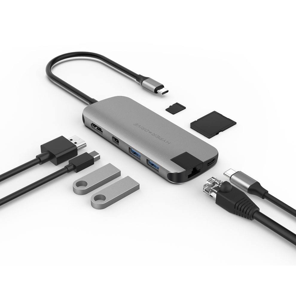 Cổng Chuyển/Hub USB-C Slim 8in1 HDMI 4K, LAN, SD, MicroSD, USB-C, USB-A 3.0, Mini Displayport Hyperdrive