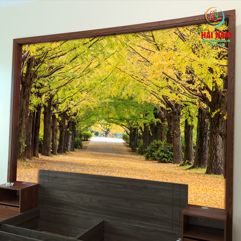 Tranh dán tường 3D mùa thu vàng con đường - vải lụa phủ kim sa