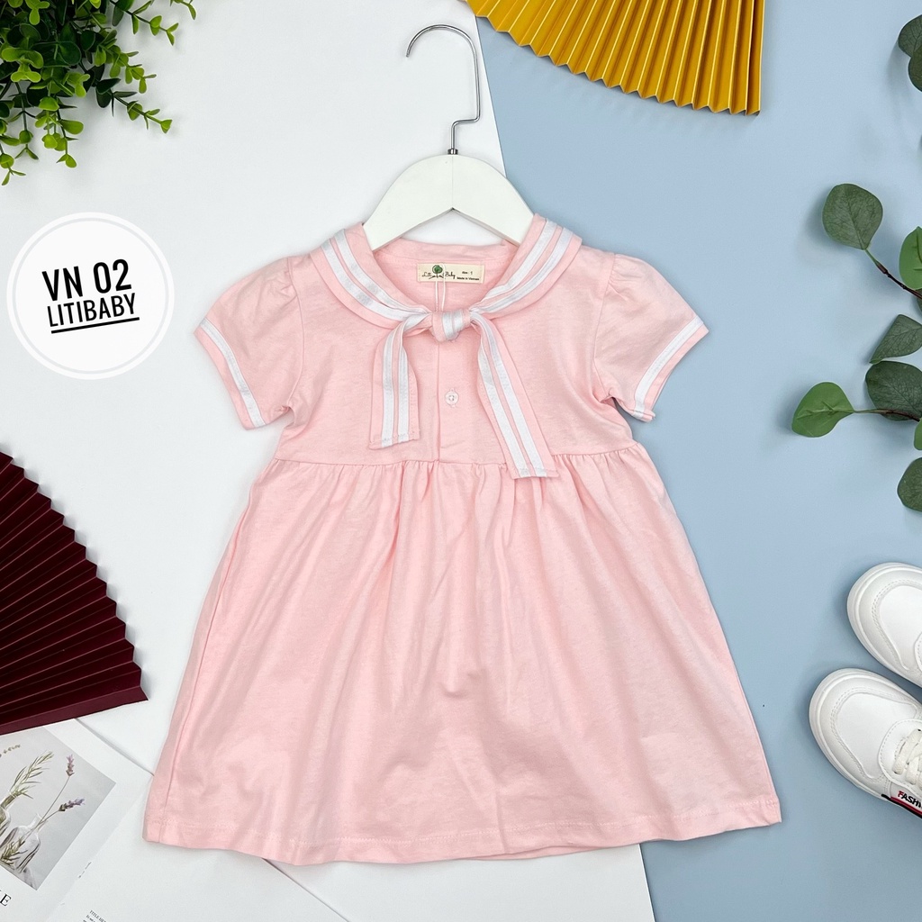 Đầm thun cotton trơn phối cổ nơ hải quân cho bé gái từ 10-37kg