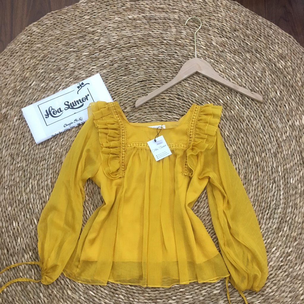 Áo bánh bèo nữ chất voan phối ren cổ vuông kiểu dáng babydoll tiểu thư sang chảnh