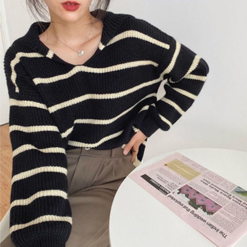 Áo Sweater Dệt Kim Tay Dài Dáng Rộng Kẻ Sọc Kiểu Retro Hàn Quốc