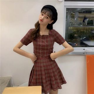 [ order 5-7 ngày] Set áo + chân váy kẻ caro