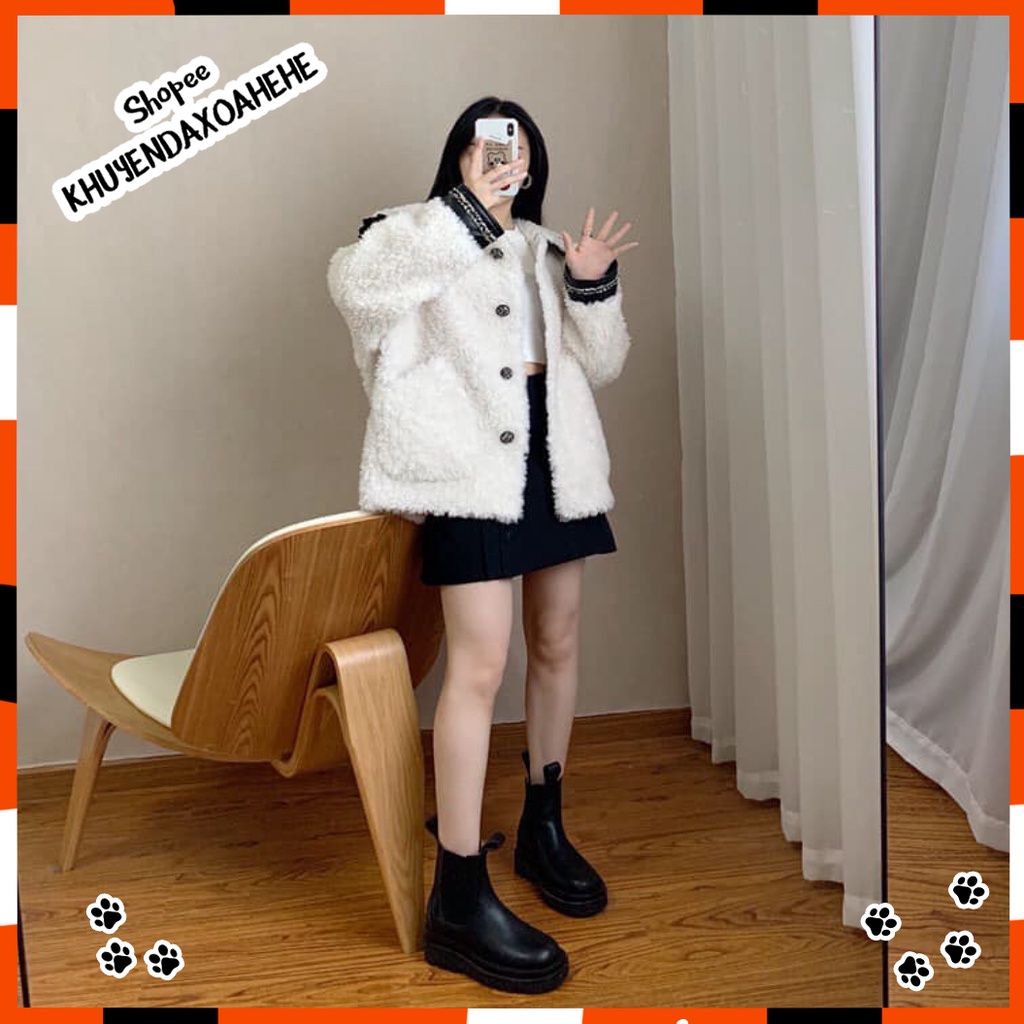 AK008 áo khoác lông cừu trắng cổ thủy thủ dáng babydoll tay bồng điệu, áo lông dáng rộng BBD tiểu thư bánh bèo cute xinh | BigBuy360 - bigbuy360.vn