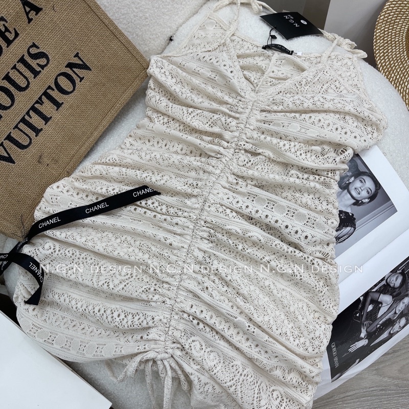 Đầm 2 dây ren rút dây mặc ngoài bikini vân tiny