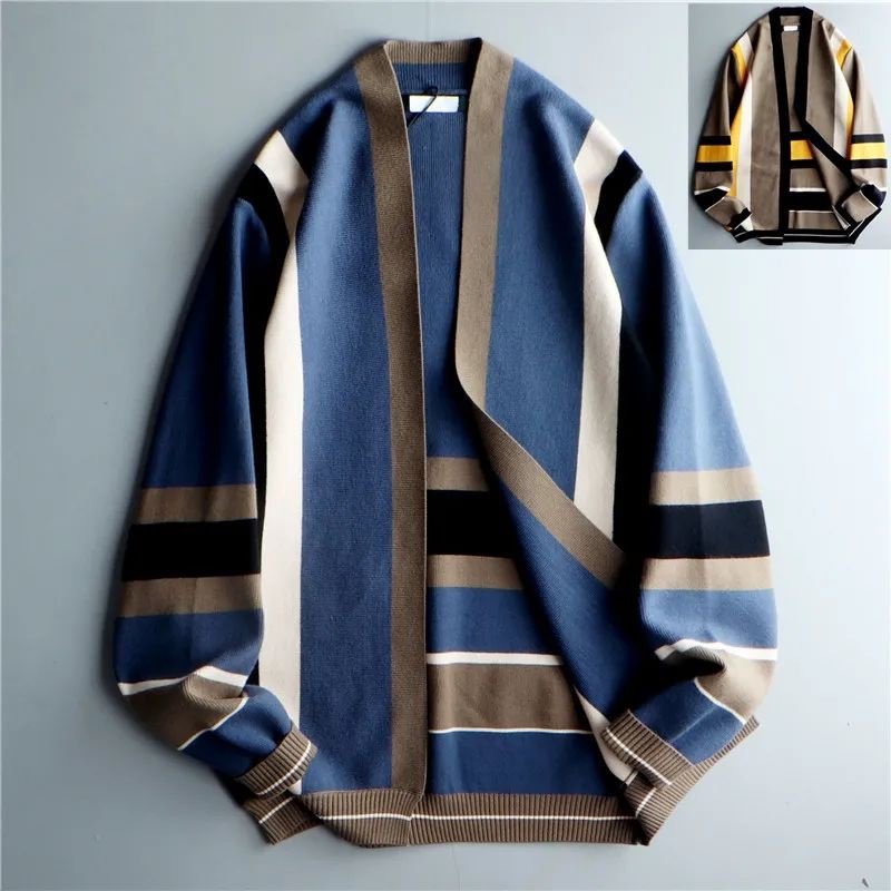 Áo Khoác Cardigan Cổ Chữ V Không Nút Họa Tiết Kẻ Sọc Màu Sắc Tương Phản Phong Cách Hàn Quốc Cho Nam S-4Xl 2 Kiểu