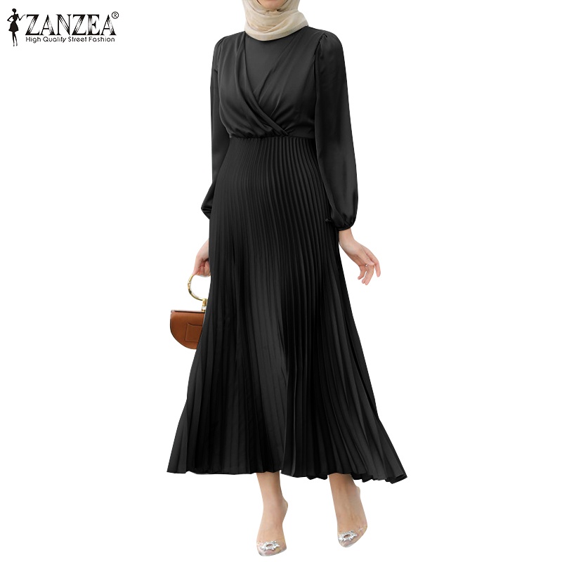 Zanzea Đầm Chữ A Tay Phồng Xếp Ly Thắt Dây Ruy Băng Kiểu Châu Âu Thanh Lịch Cho Nữ