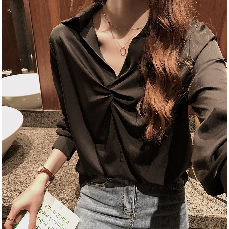 Xiaozhainv Áo kiểu nữ tay dài dáng rộng màu trơn hợp thời trang | BigBuy360 - bigbuy360.vn