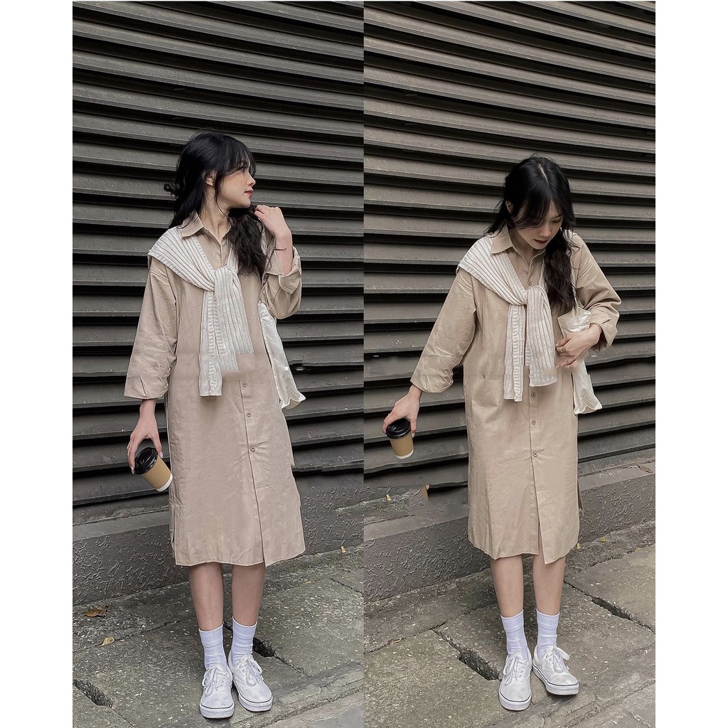 Váy nữ sơ mi suông dài tay, Đầm nữ chất thô basic DASKI | BigBuy360 - bigbuy360.vn