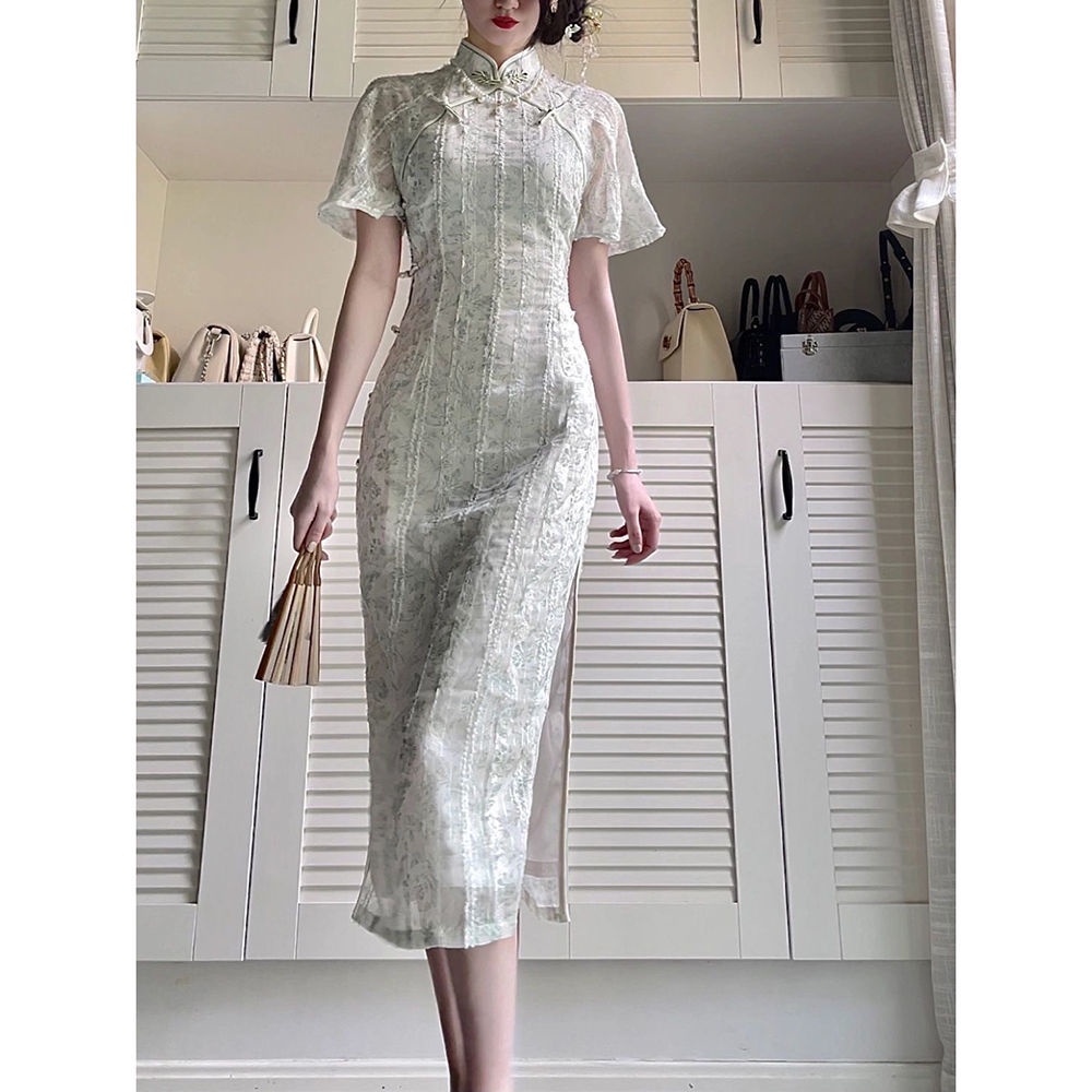 Đầm Sườn Xám Ngắn Tay In Họa Tiết Xinh Xắn Theo Phong Cách Trung Hoa Dành Cho Nữ