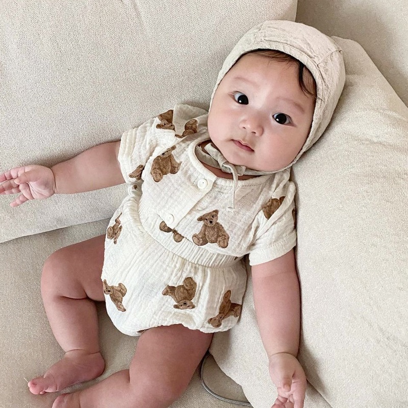 Bộ Trang Phục Ba Mảnh Áo Tay Ngắn + Quần Short + Mũ Mỏng Mùa Hè In Hình Gấu Cho Bé Sơ Sinh