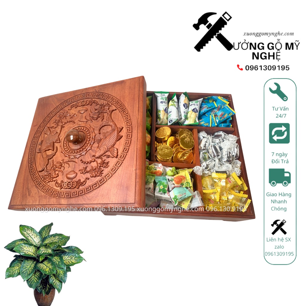 Khay Mứt Trạm Lý Ngư Nguyệt Vọng Gỗ Hương tự nhiên