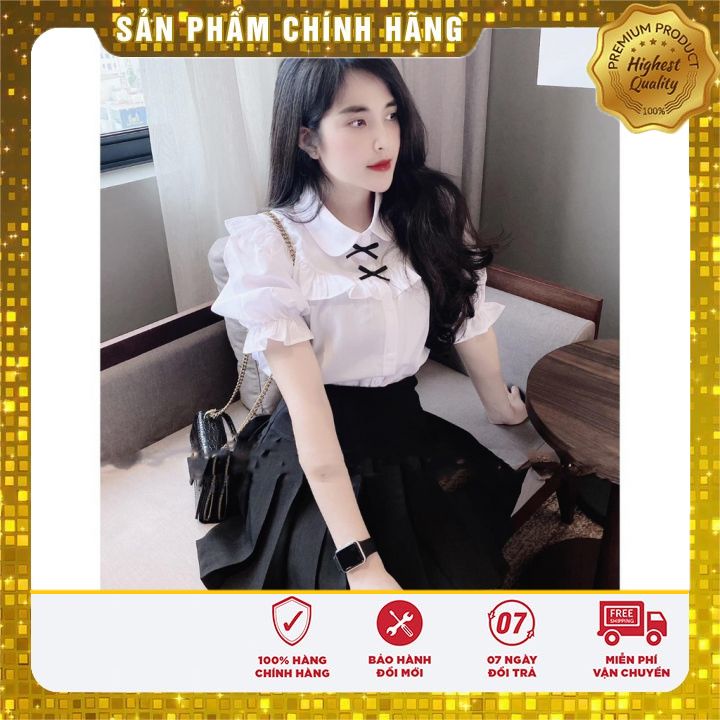 Áo sơ mi nữ trắng cộc tay đính nơ, Áo sơ mi nữ trắng cộc tay bồng bèo cổ siêu xinh, đính nơ cổ