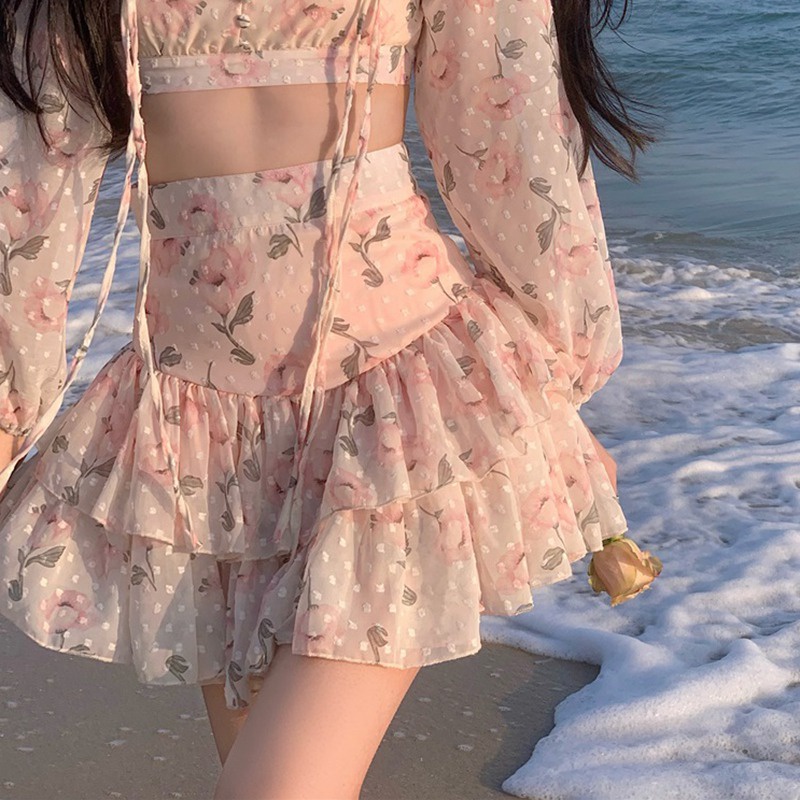 Áo croptop voan cổ chữ v hở lưng/Chân váy voan lưng cao in hoa dễ thương cho nữ