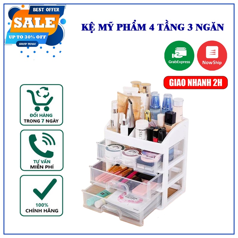 Kệ Đựng Mỹ Phẩm, Đồ Trang Điểm Trang Sức 4 Tầng 3 Ngăn Kéo
