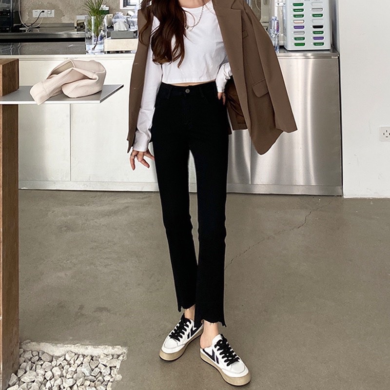 Quần jeans ống đứng đen cắt gấu chất liệu dãn cao cấp mẫu hot nhất