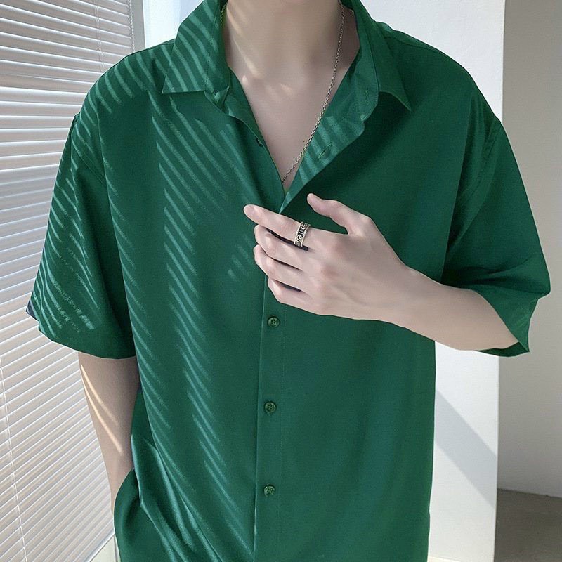 Áo sơ mi lụa tay ngắn trơn unisex