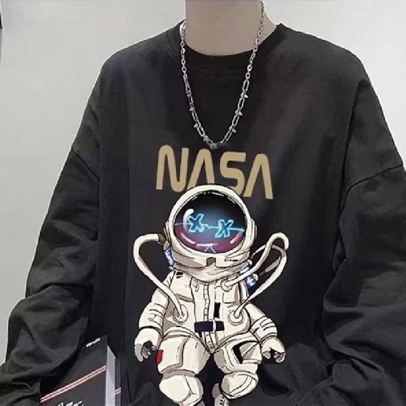 Áo Thun Tay Dài Cổ Tròn Dáng Rộng In Hình Phi Hành Gia Kiểu Hip-Hop Đường Phố Cho Nam Cỡ Lớn M-5XL