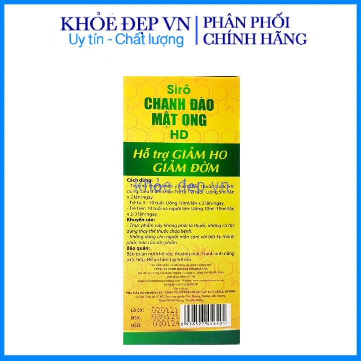 Siro Chanh Đào Mật Ong HD hỗ trợ bổ phế, nhuận phế, giảm ho, giảm đờm - Chai 100ml