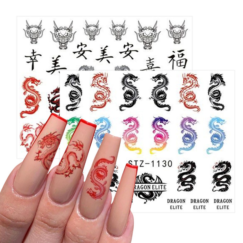 Bộ 1/4 Nhãn Dán Trang Trí Móng Tay Hình Rồng Đen Đỏ Phong Cách Gothic DIY