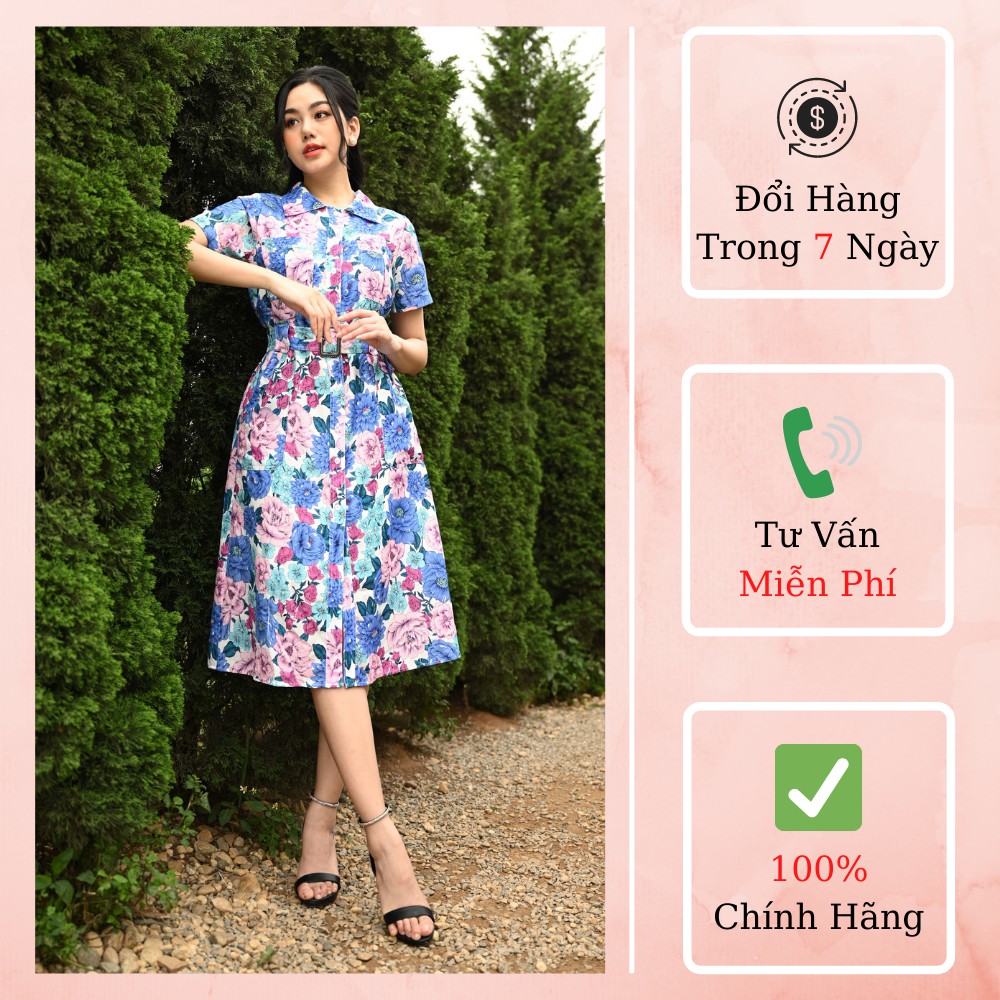 [Hàng Thiết Kế Cao Cấp] Đầm Suông Cổ Sơ Mi Thắt Đai Eo Phối Hoa Xanh Hồng - Vải Thô (Hàng Đẹp)