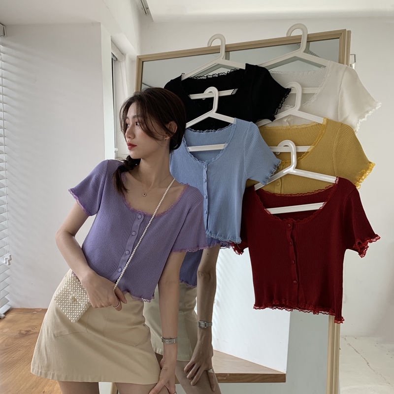 Áo Dệt Kim Tay Ngắn Phối Ren Dáng Ôm Quyến Rũ Trẻ Trung Cho Bạn Gái