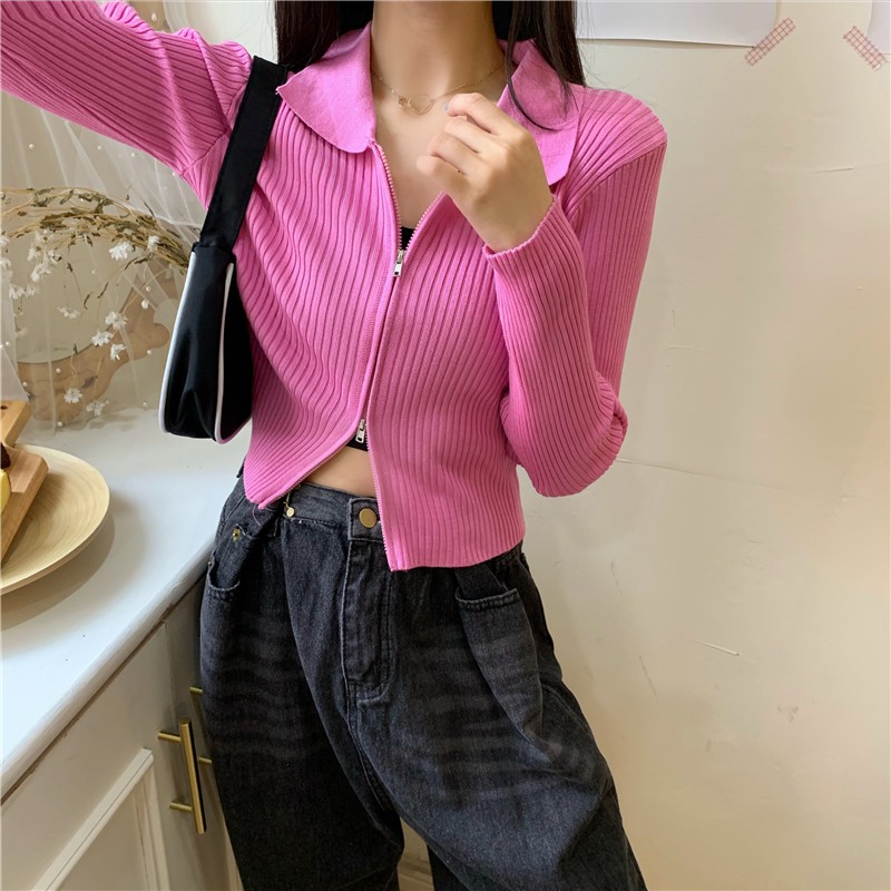 Áo croptop dệt kim dài tay cổ bẻ phối khóa kéo phong cách Hàn Quốc | BigBuy360 - bigbuy360.vn