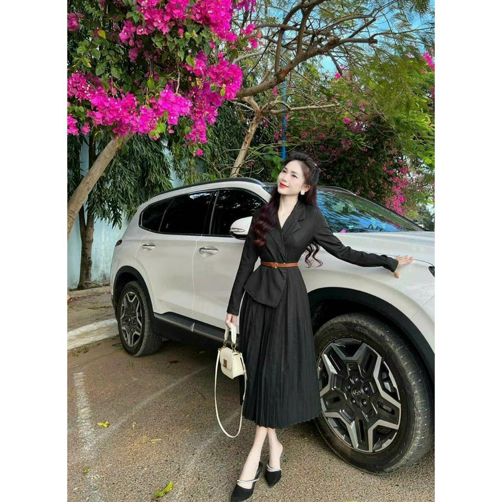 Set bộ thời trang nữ đi chới chất cotton lạnh cổ vest tay áo dài kèm dây nịt váy lụa lưng thun nhún maxi siêu xinh