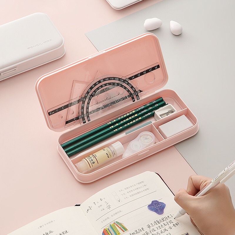 Hộp bút nhựa 3 ngăn màu pastel PENCIL BOX (tặng kèm sticker)