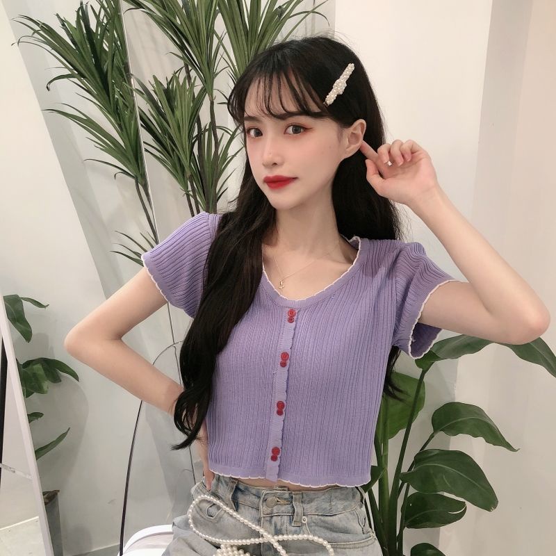 Áo Thun Ngắn Tay Cổ Chữ V Eo Cao Thời Trang Mùa Hè Phong Cách Pháp Cổ Điển Quyến Rũ Hàng Mới Dành Cho Bạn Nữ