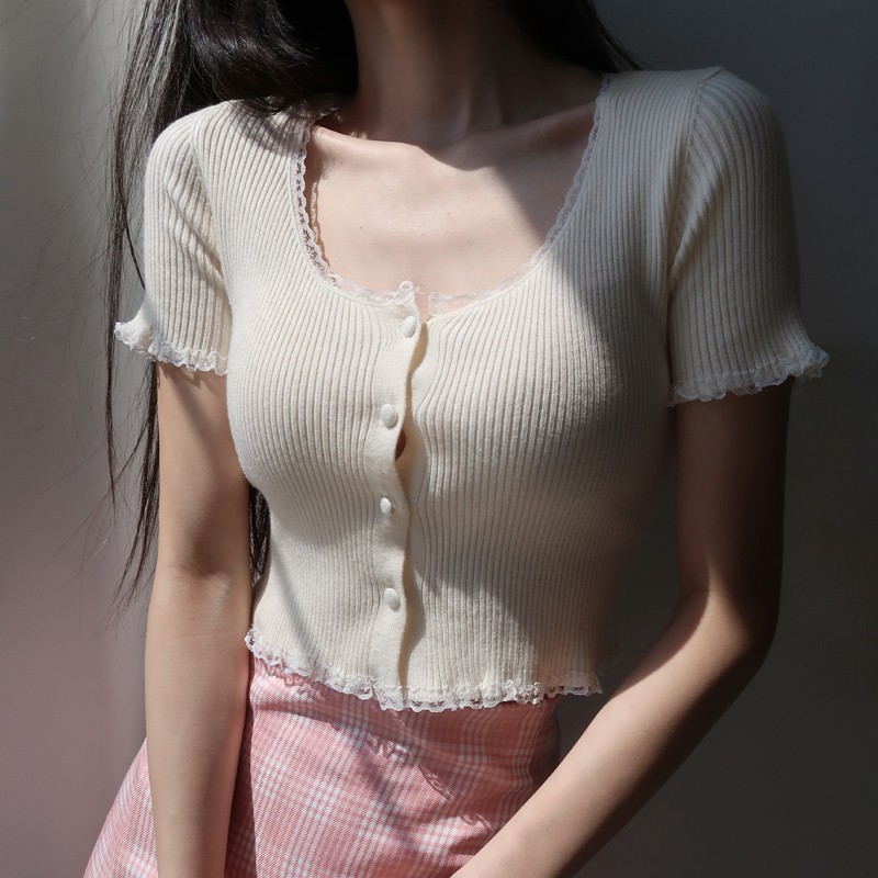 Cocory vn Áo Croptop Dệt Kim Tay Ngắn Phối Ren Phong Cách Hàn Quốc 5 Màu Tùy Chọn