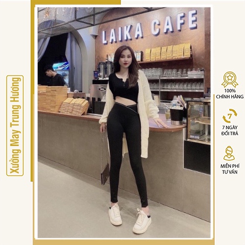 Quần legging nữ dài cạp chéo lưng cao gen bụng vải thun cotton co giãn 4 chiều, Quần tregging nữ dài tập gym