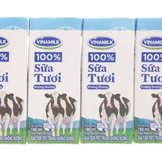 Sữa tươi tiệt trùng Vinamilk 100% Không Đường - Lốc 4 Hộp x 180ml