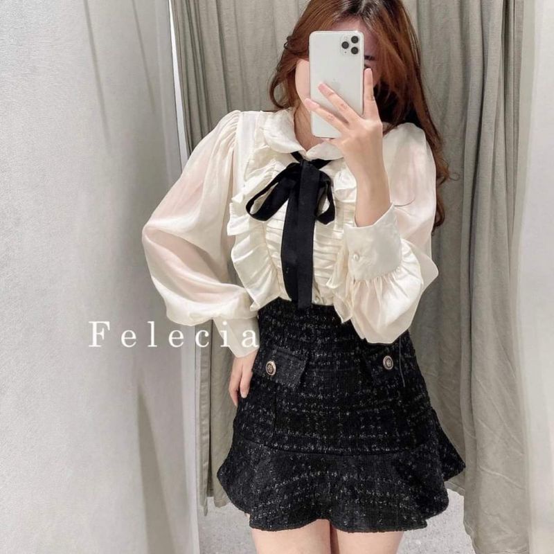 Set áo voan cổ sen nơ cổ mix chân váy bố | BigBuy360 - bigbuy360.vn