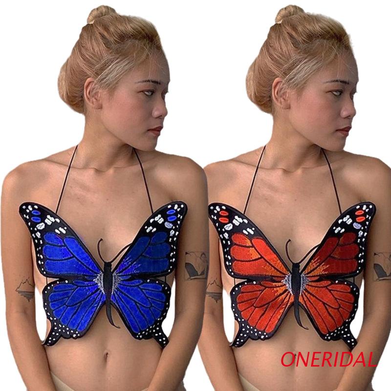 Áo croptop hai dây cổ yếm thêu hình bướm hở lưng gợi cảm cho nữ