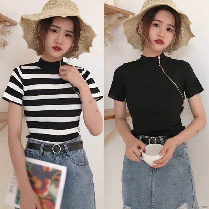 Áo dệt kim tay ngắn phối khoá kéo phong cách Hàn Quốc