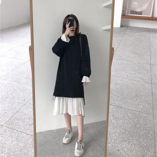 Đầm nỉ len dài tay dáng suông phối chân váy đuôi cá
