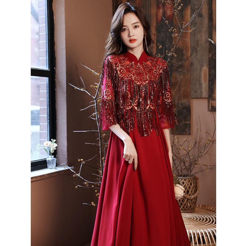 :: Đầm Dự Tiệc Cưới Tay Dài Hở Lưng Cỡ Lớn Màu Đỏ Rượu Vang Sang Trọng Cho Phụ Nữ Mang Thai