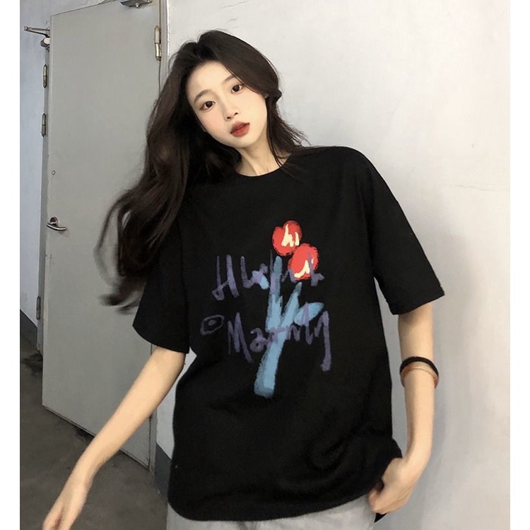 Áo Thun Tay Lửng Cổ Tròn In Hình Hoa Tulip Thời Trang Cho Nữ