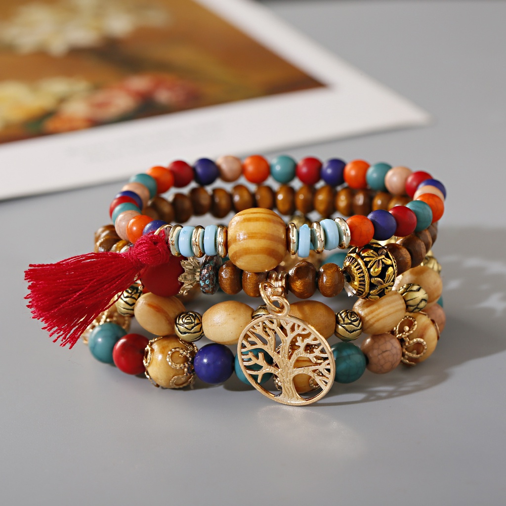Bộ 4 vòng tay chuỗi hạt gỗ hoa hồng nhiều lớp phối tua rua phong cách bohemian cho nữ