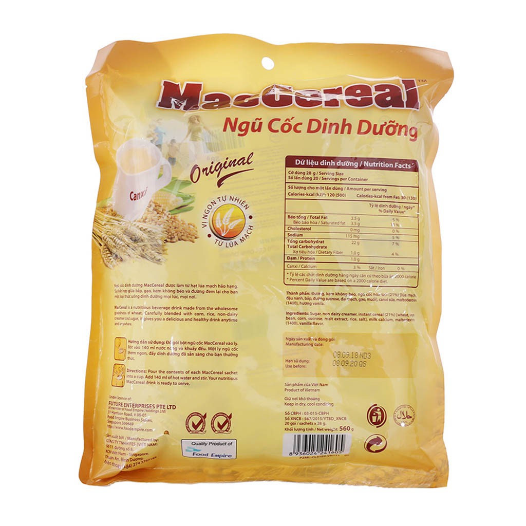 [CHÍNH HÃNG] Ngũ Cốc Dinh Dưỡng Maccereal Original Canxi Túi 560g (20 gói x 28g)