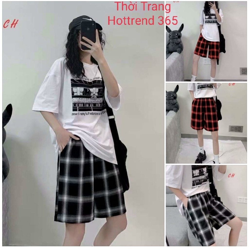 sét áo thun nam nữ in truyện tranh + quần đùi kẻ caro CH04