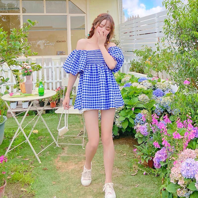 Đầm Trễ Vai Tay Bồng Caro PEONYB Nữ [FREESHIP] 🌸 Váy babydoll hở lưng bánh bèo tiểu thư màu XANH | HỒNG Ulzzang HOT 🌸 | BigBuy360 - bigbuy360.vn