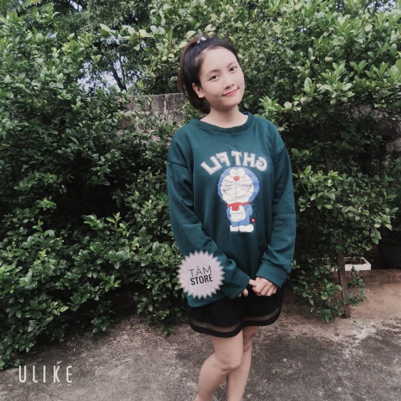 Áo Sweater 3158 unisex hình Doremon- Áo nỉ 2 lớp nam nữ cotton dày dặn form rộng 65kg