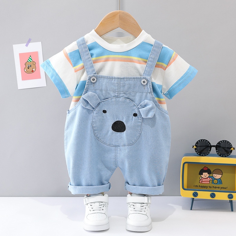 Set yếm bé trai, bé gái gồm áo thun kẻ sọc và yếm, bộ quần áo cho bé từ 8-16kg Easy Baby (SS-2691B)