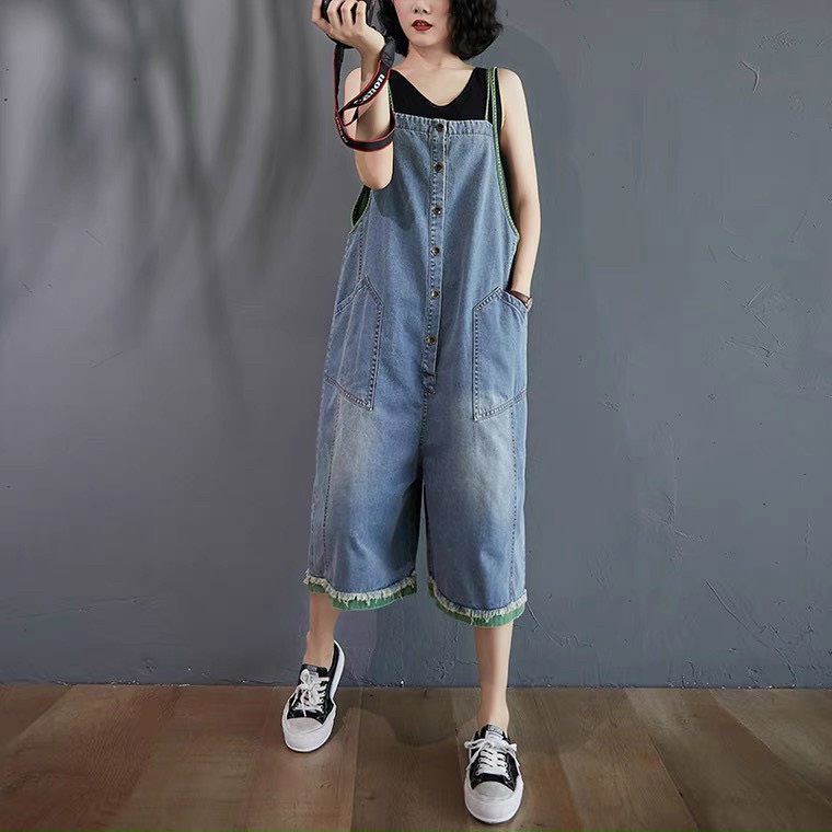 Quần yếm jean nữ thụng phối dây màu kiểu túi trước và sau phong cách thời trang KKShopFashion